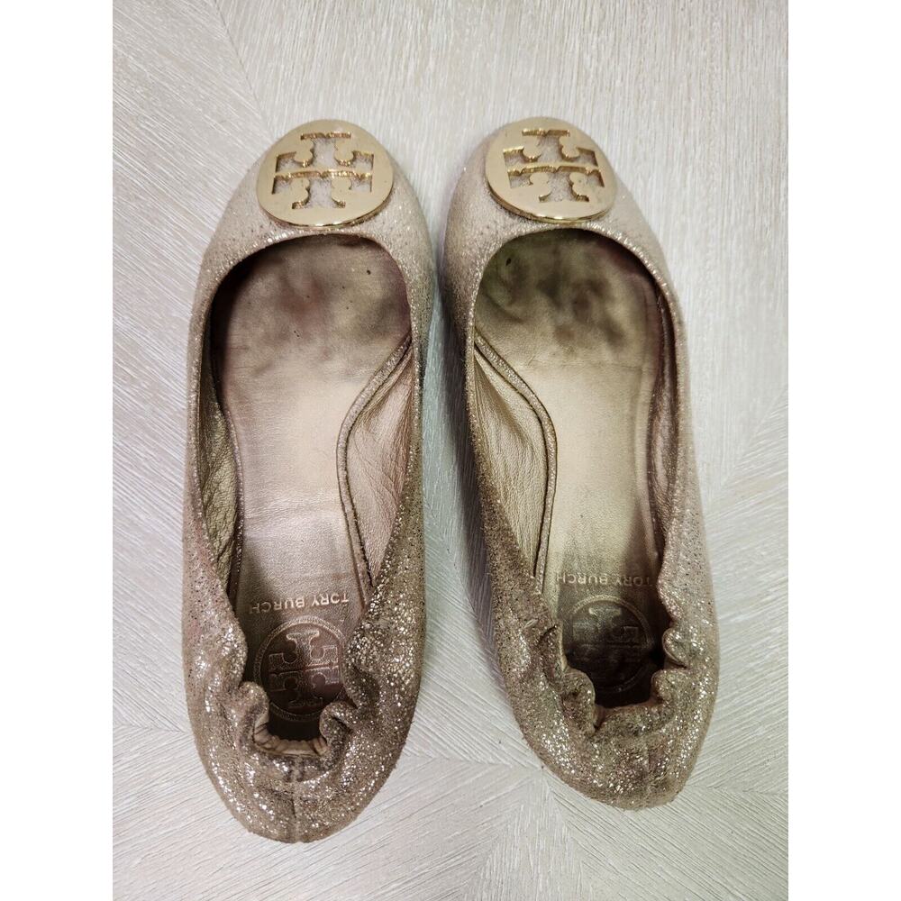 TORY BURCH 'Minnie' Travel Ballet Flat Royal Mettalic Gold Glitter Logo Sz 6M - Picture 5 of 9